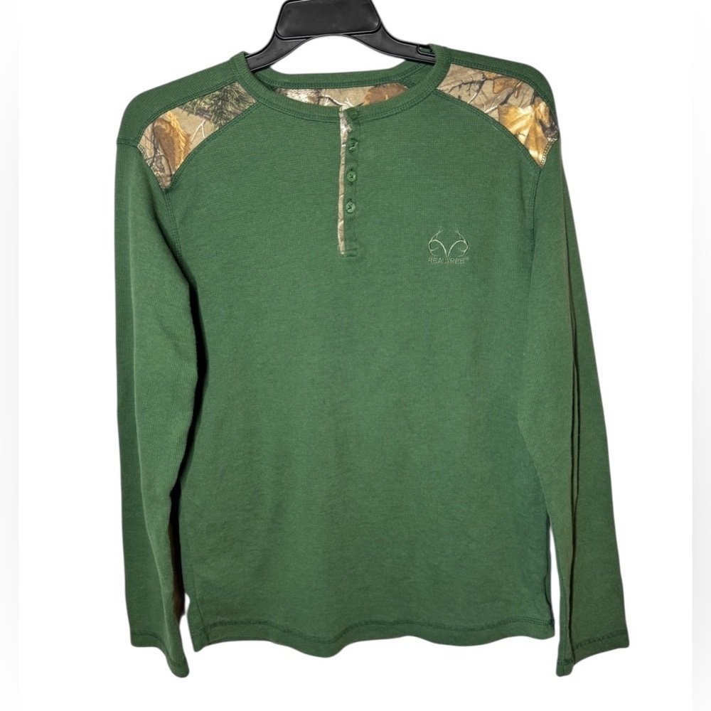 Realtree Men’s Long Sleeve Green Thermal Waffle Knit 1/4 Button Henley Sz XL
